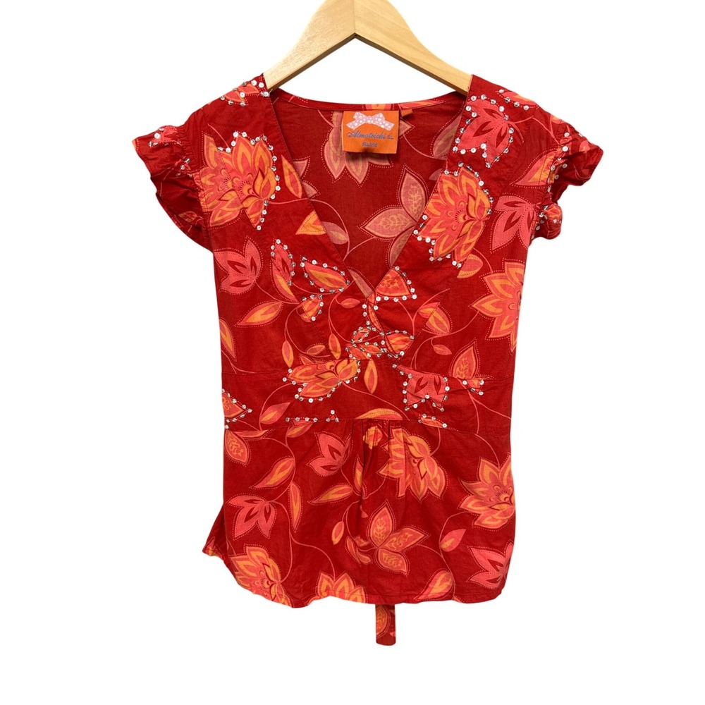 Y2K Almatrichi Blouse Women 40 Red Floral Sequin Embellished Boho V-Neck Fairy